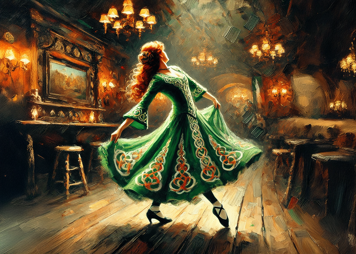 Printable Irish Dance St Patricks Day Card Celtic Dress Impressionist Pub Scene Vintage Irish Celebration Art Greeting Card Digital Download