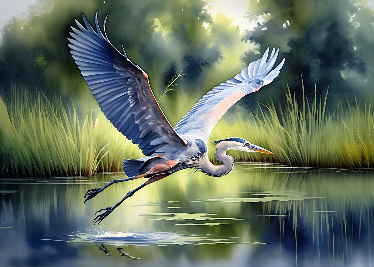 Printable Soaring Heron Over Still Waters Card: Inspirational Nature Bird Art Vintage Style Greeting Card Digital Download