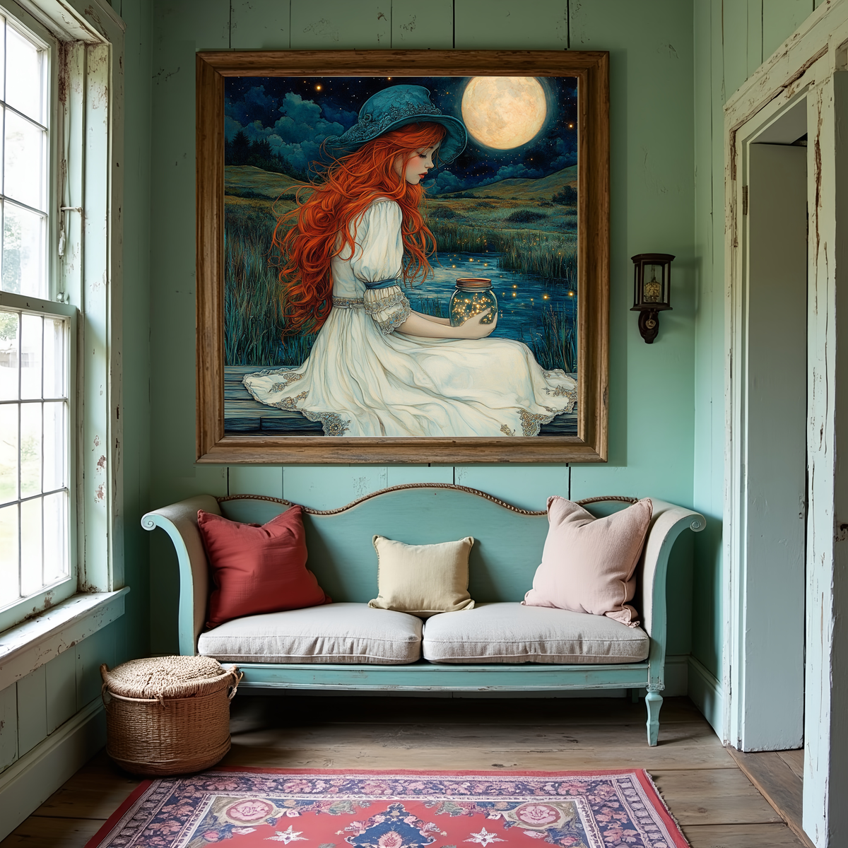 Moonlit Fireflies Red Haired Woman Holding Fireflies Under Full Moon Fantasy Wall Art Digital Download