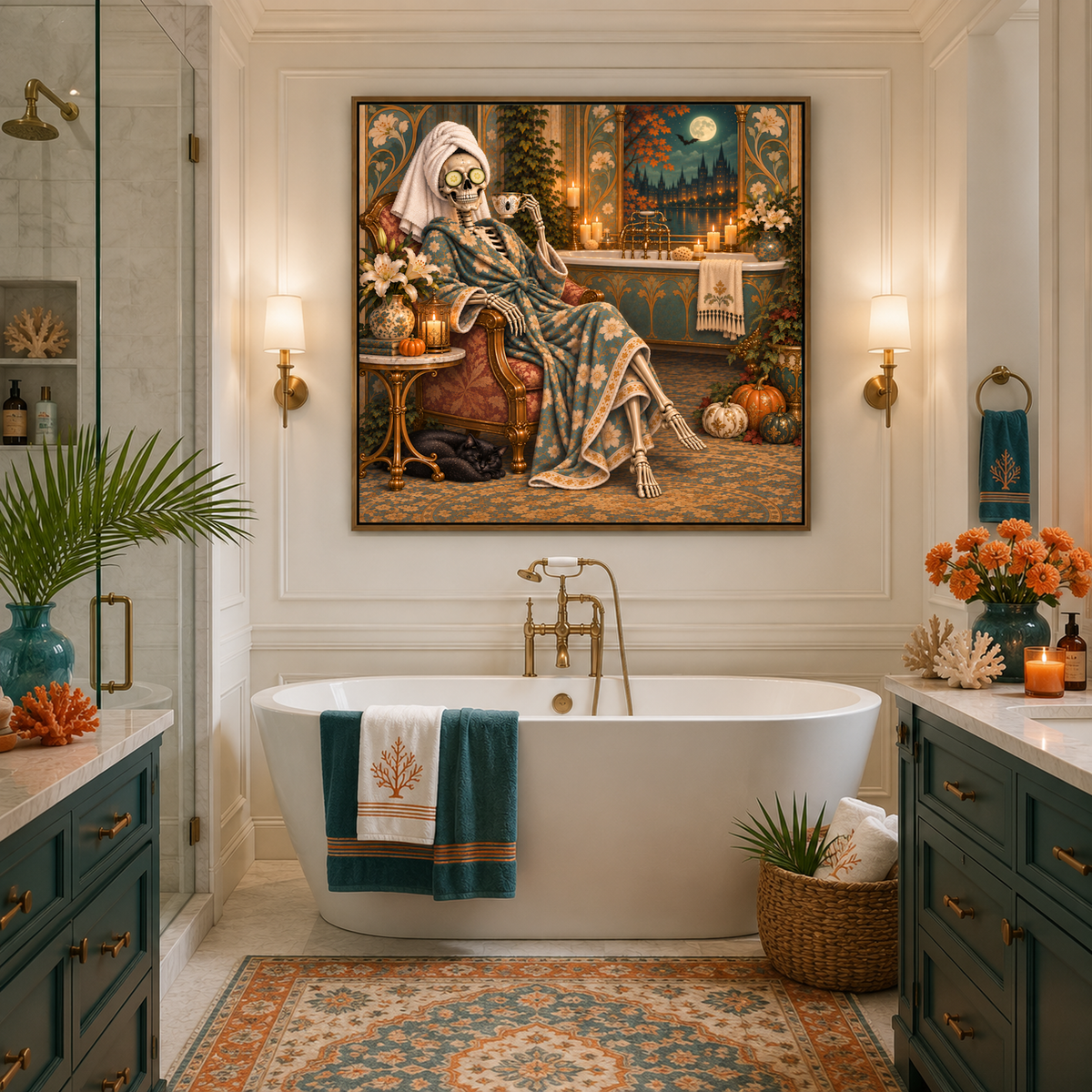 Skeleton Spa Art Nouveau Gothic Bathroom Halloween Wall Art (Digital Download)