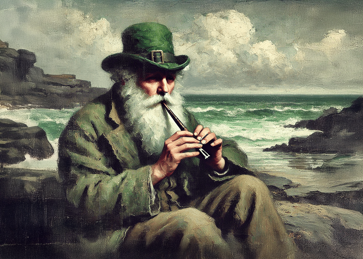 Printable Seaside Leprechaun Whistle Player St Patricks Day Card Irish Folklore Music Coastal Vintage Art Greeting Card Digital Download