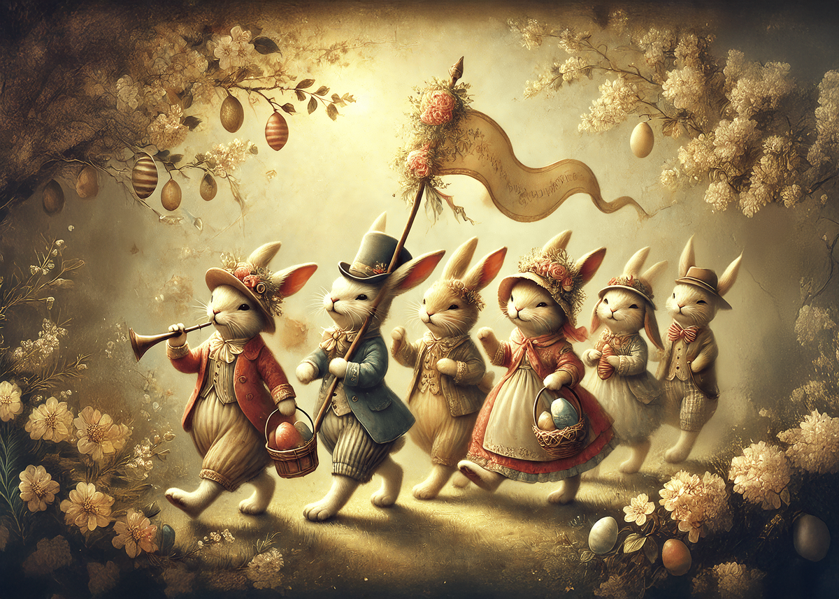 Vintage Bunny Parade Easter Card, Whimsical Spring Art (Digital Download)