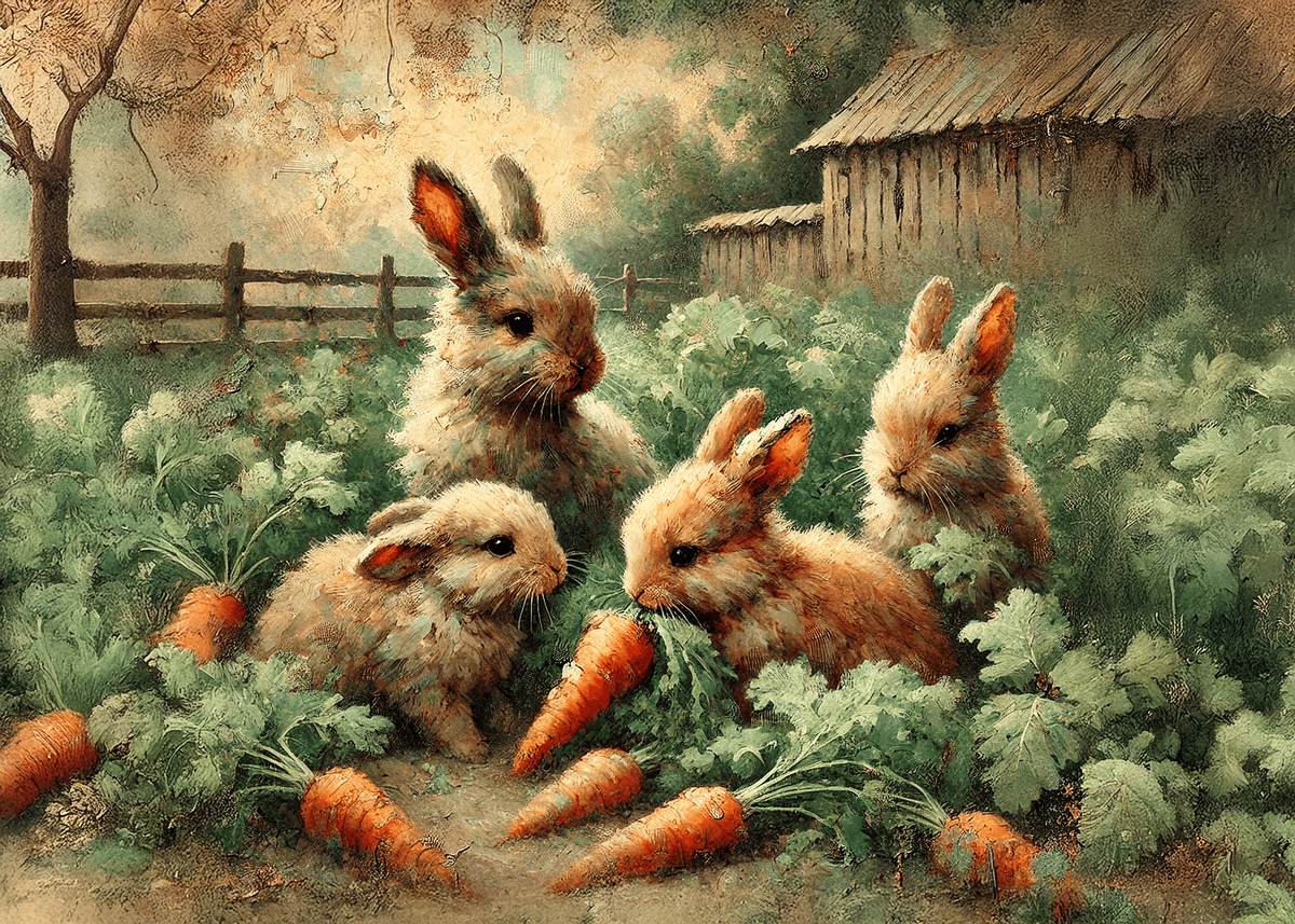 Vintage Farmhouse Bunnies Easter Card, Carrot Patch Art (Digital Download)