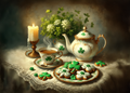 Printable Vintage Shamrock Tea Party St Patricks Day Card Irish Tea Still Life Clover Cookies Art Greeting Card Digital Download