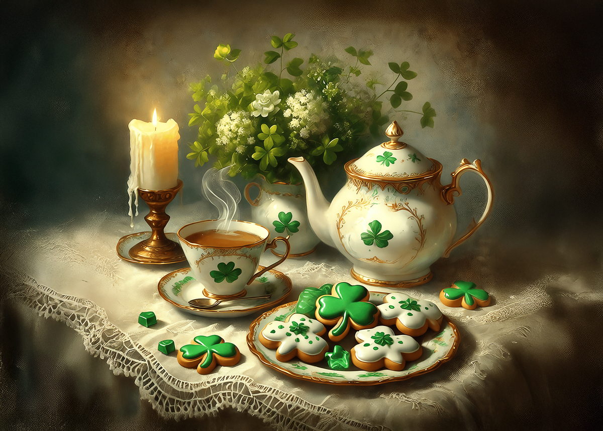 Printable Vintage Shamrock Tea Party St Patricks Day Card Irish Tea Still Life Clover Cookies Art Greeting Card Digital Download