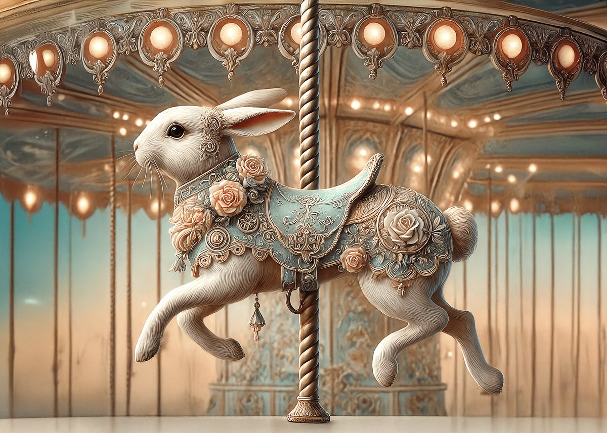 Vintage Carousel Bunny Easter Card, Whimsical Rabbit Art (Digital Download)