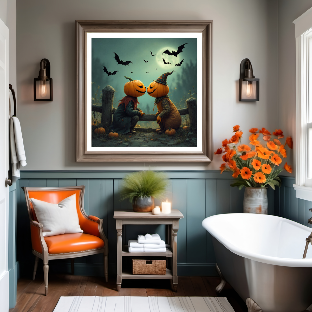 Whimsical Halloween pumpkin couple art soft spooky fall wall decor digital art oil painting vintage home decor gift idea