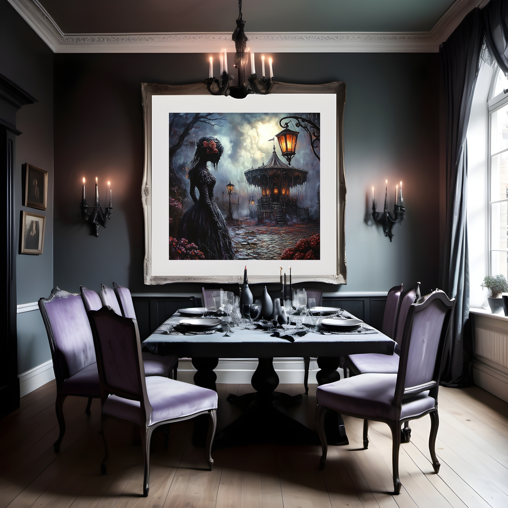 Gothic Woman Wall Art Haunted Carousel Dark Romantic Fantasy Halloween Decor Digital Download