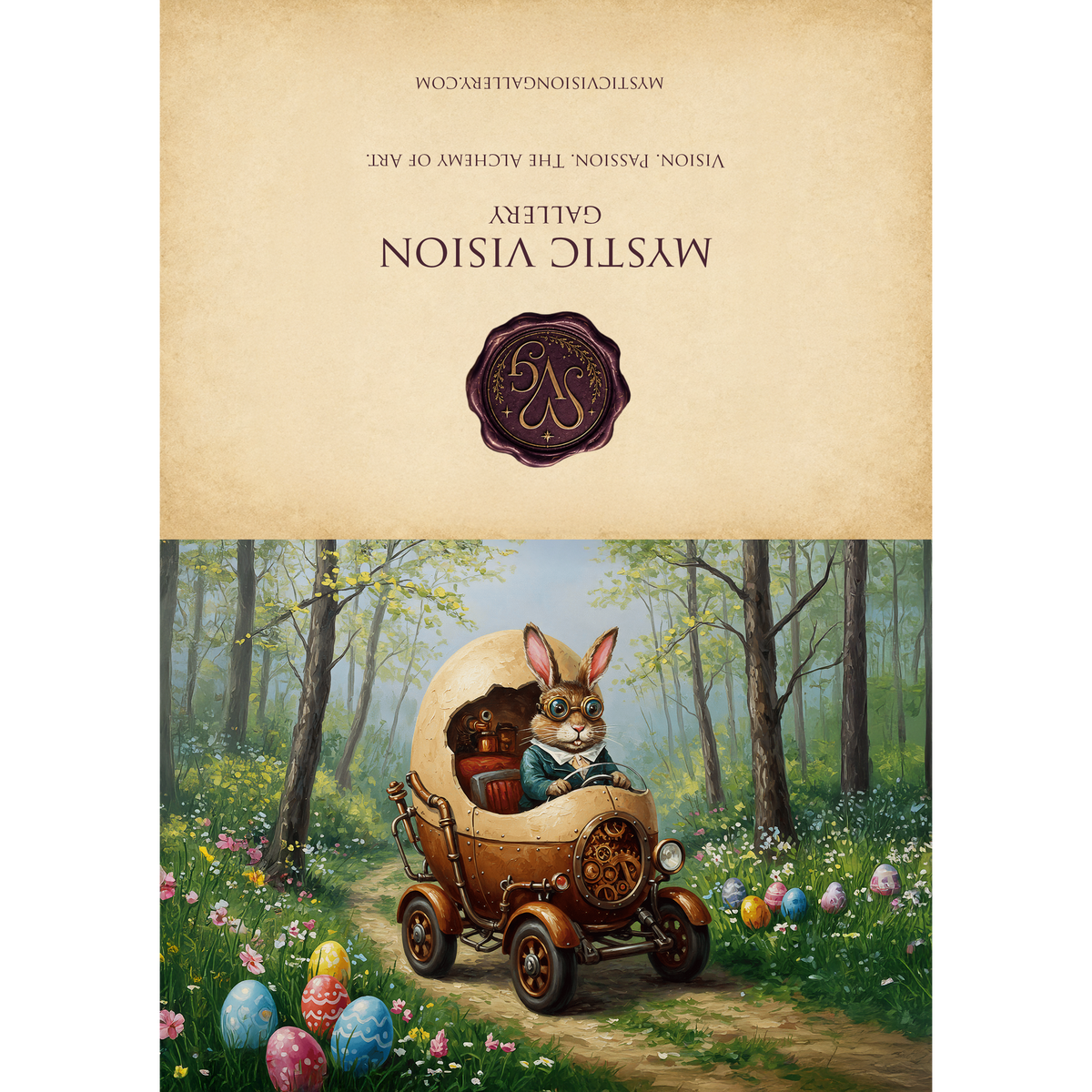 Printable Steampunk Bunny in Egg Car Easter Greeting Card Whimsical Rabbit Driving Egg Car Storybook Easter Art Digital Download