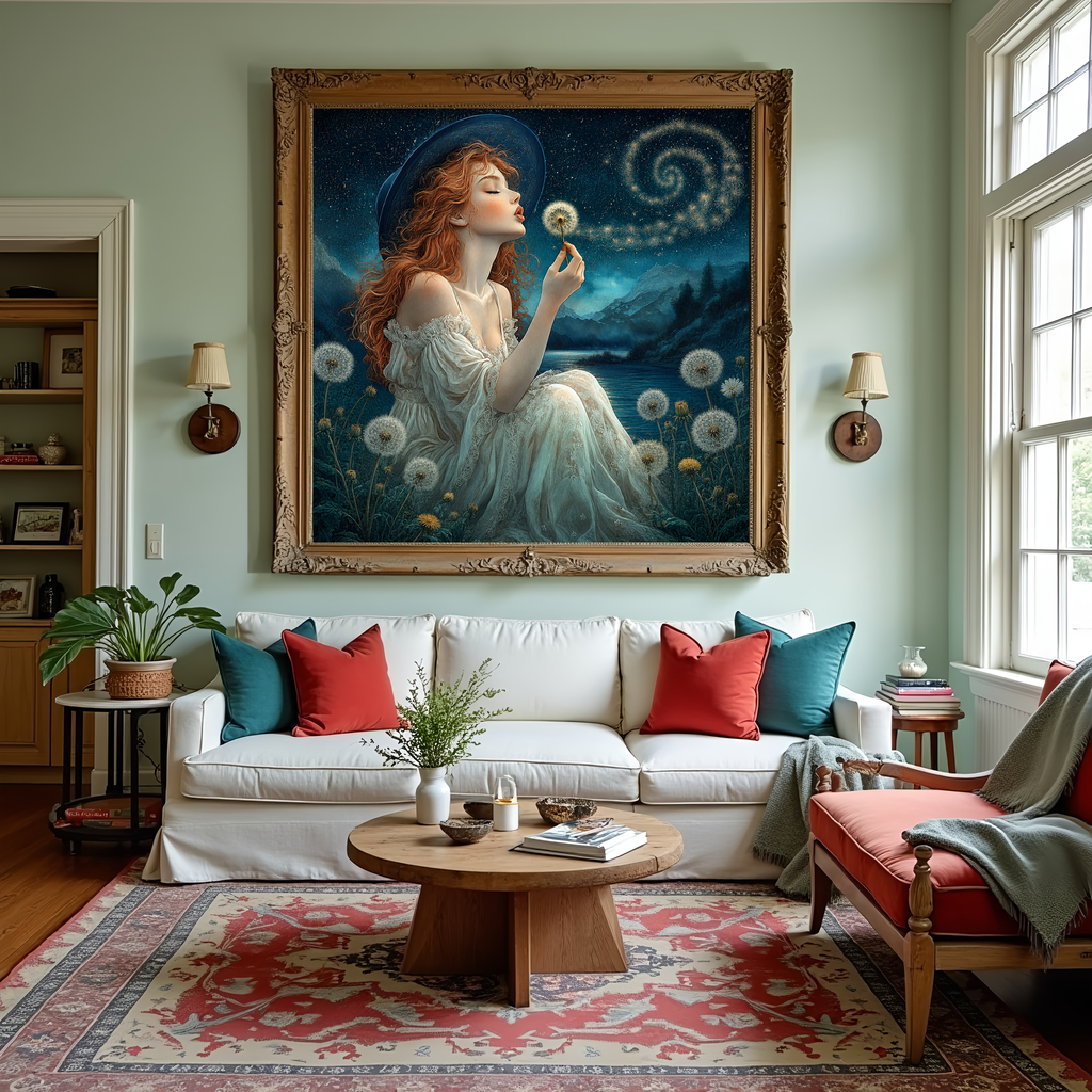 Woman Blowing a Dandelion at Night Romantic Dreamscape Fantasy Wall Art Digital Download