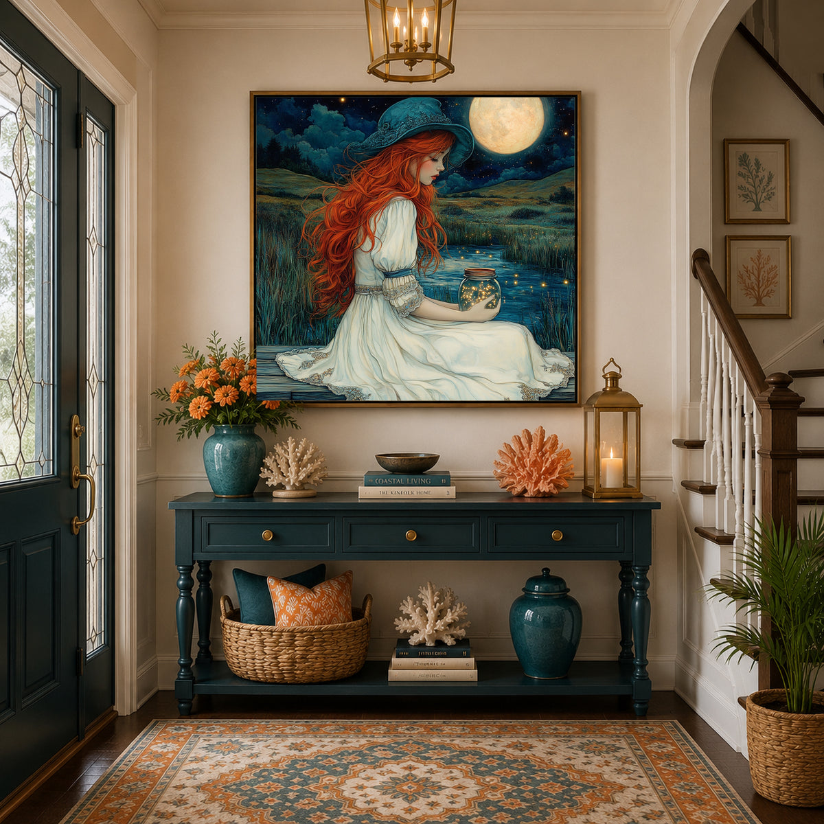 Moonlit Fireflies Red Haired Woman Holding Fireflies Under Full Moon Fantasy Wall Art Digital Download