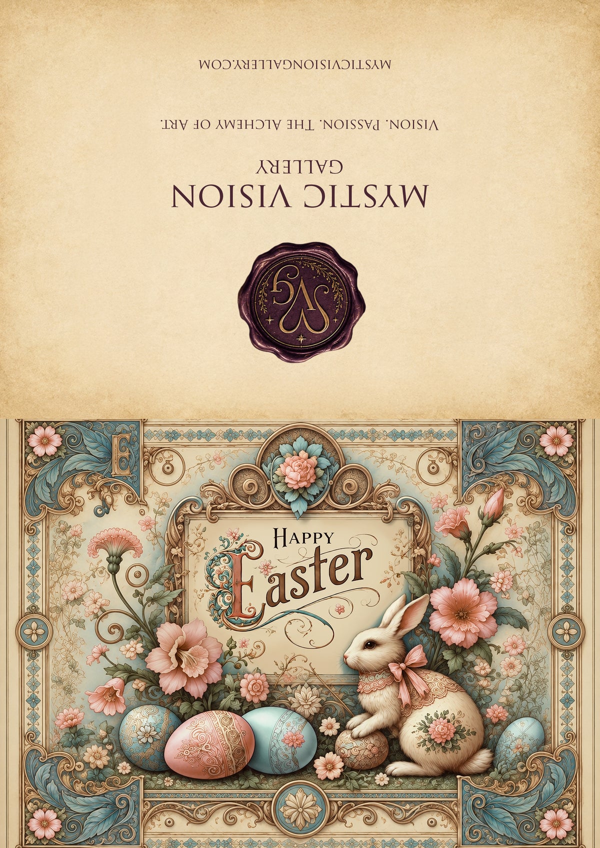 Vintage Easter Card Print, Ornate Bunny & Eggs (Digital Download)