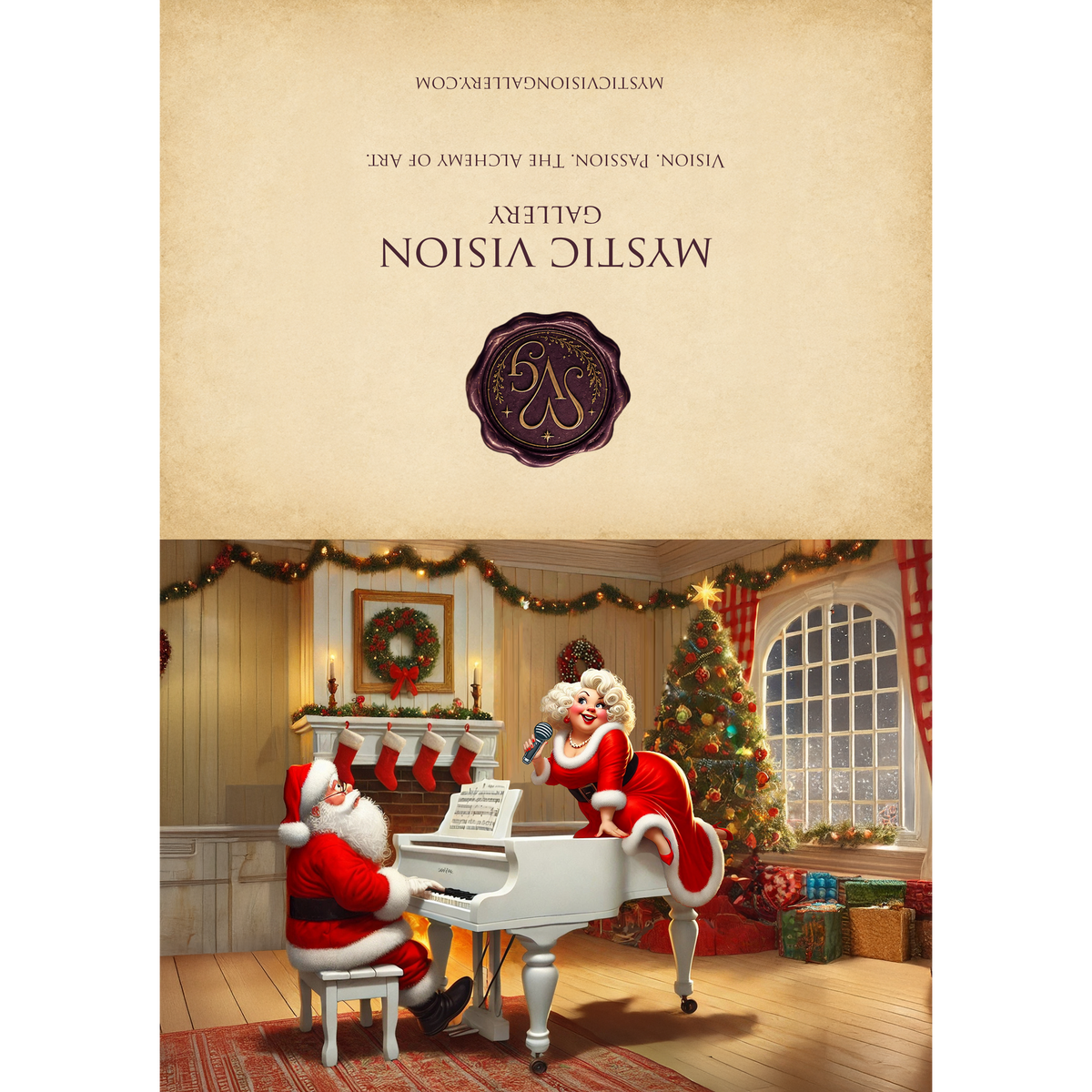 Printable Santa and Mrs Claus Making Music Card Vintage Christmas Piano Holiday Greeting Card Digital Download 5x7