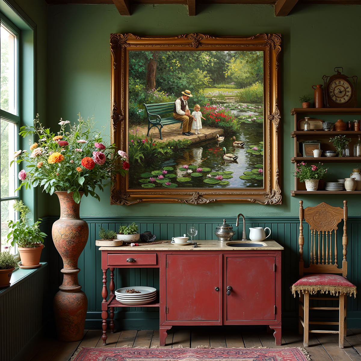 Father & Daughter Duck Pond Painting: Vintage Garden Art Print (Digital Download)