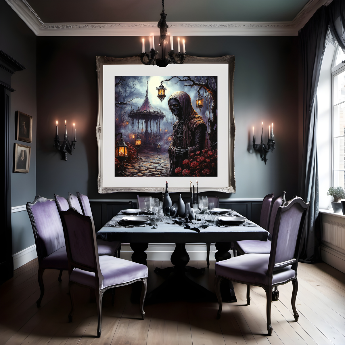 Gothic Grim Reaper Wall Art Haunted Garden Lantern Keeper Dark Fantasy Halloween Decor Digital Download