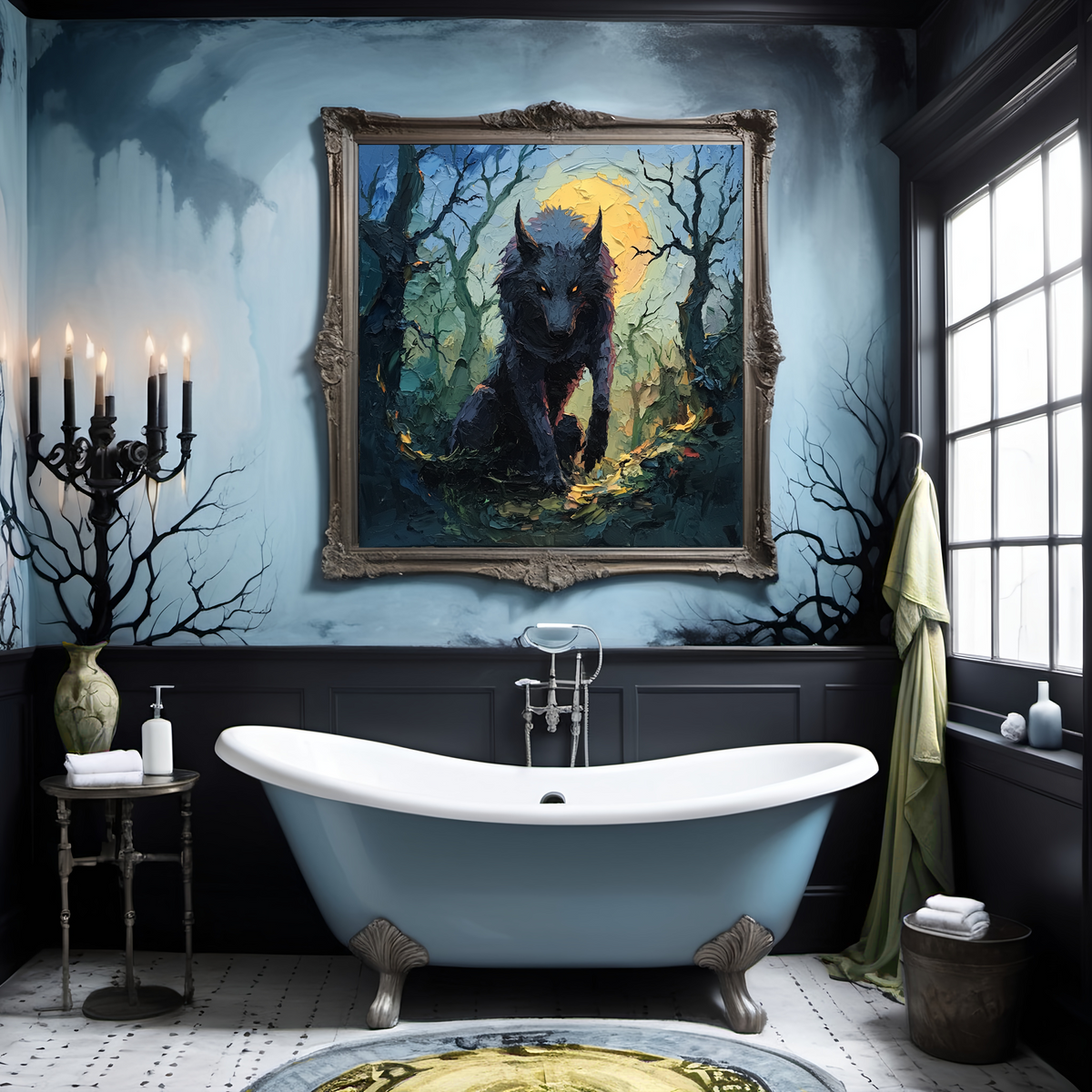 Gothic Wolf Oil Painting: Moonlit Stalker, Dark Cottagecore Art (Digital Download)
