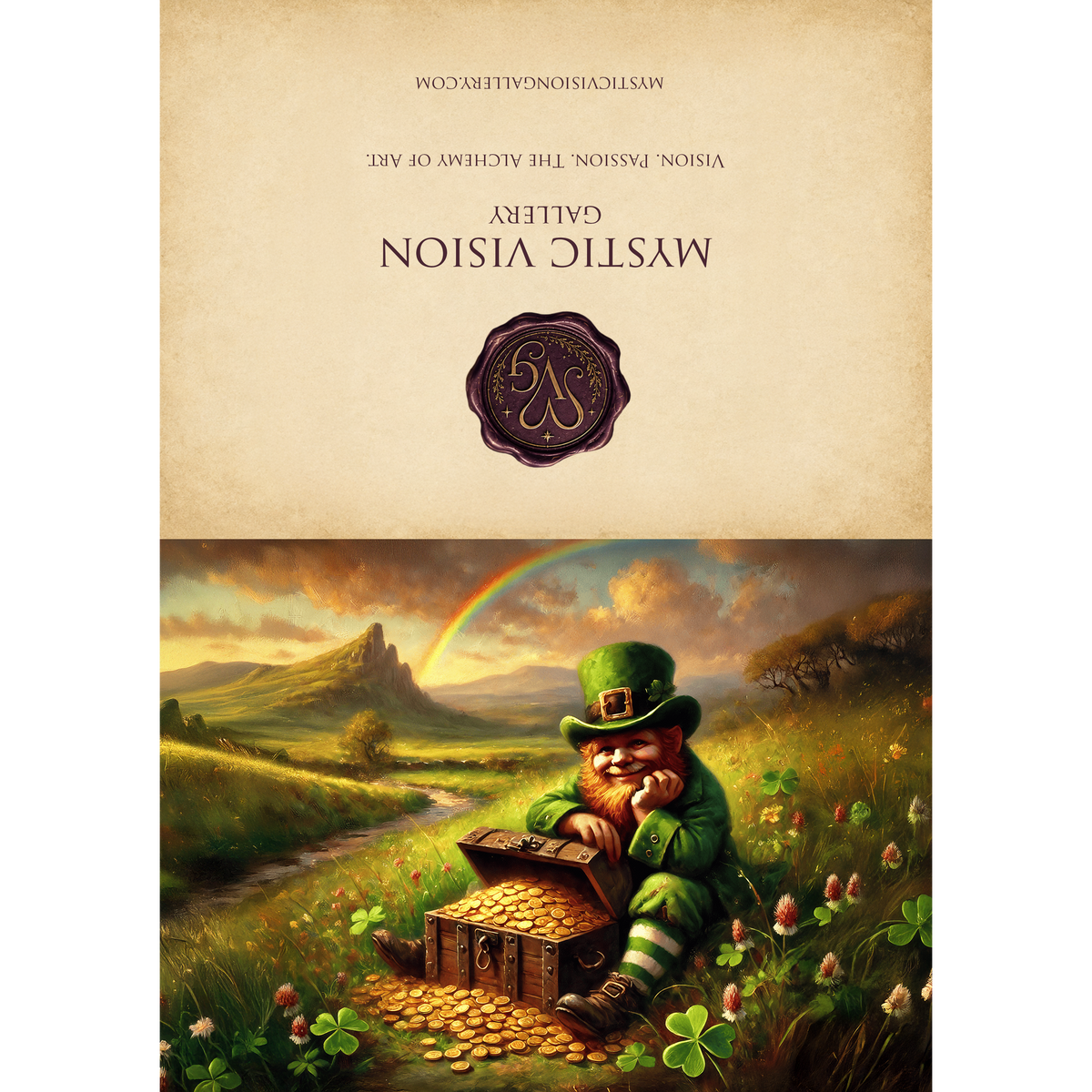 Printable Leprechaun and His Gold St Patricks Day Card Whimsical Irish Folklore Rainbow Clover Vintage Fantasy Art Digital Download