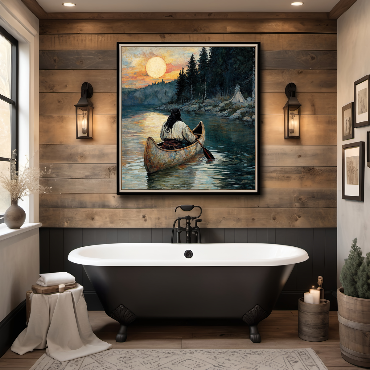 Homeward Across the Water Indigenous Canoe Lakeside Landscape Art (Digital Download)