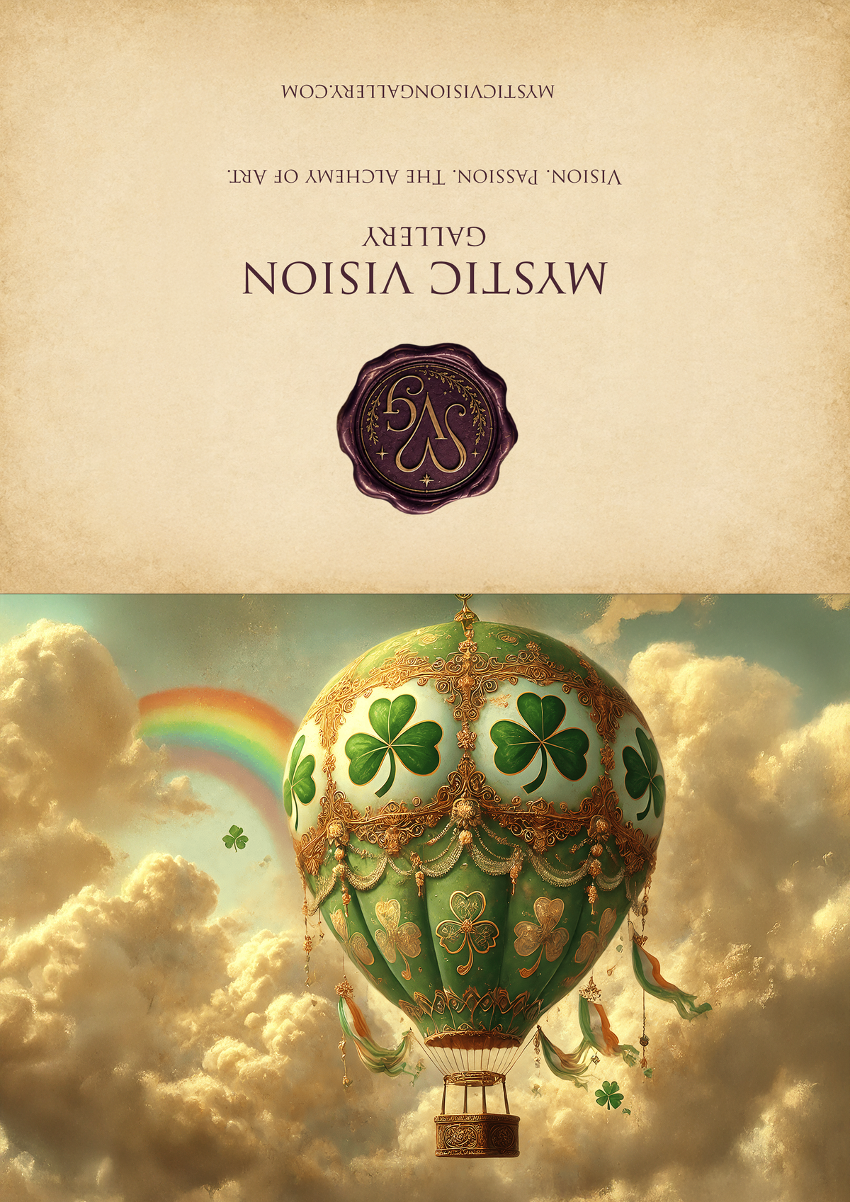 Printable St Patricks Day Hot Air Balloon Card Shamrock Rainbow Irish Fantasy Vintage Celebration Art Greeting Card Digital Download