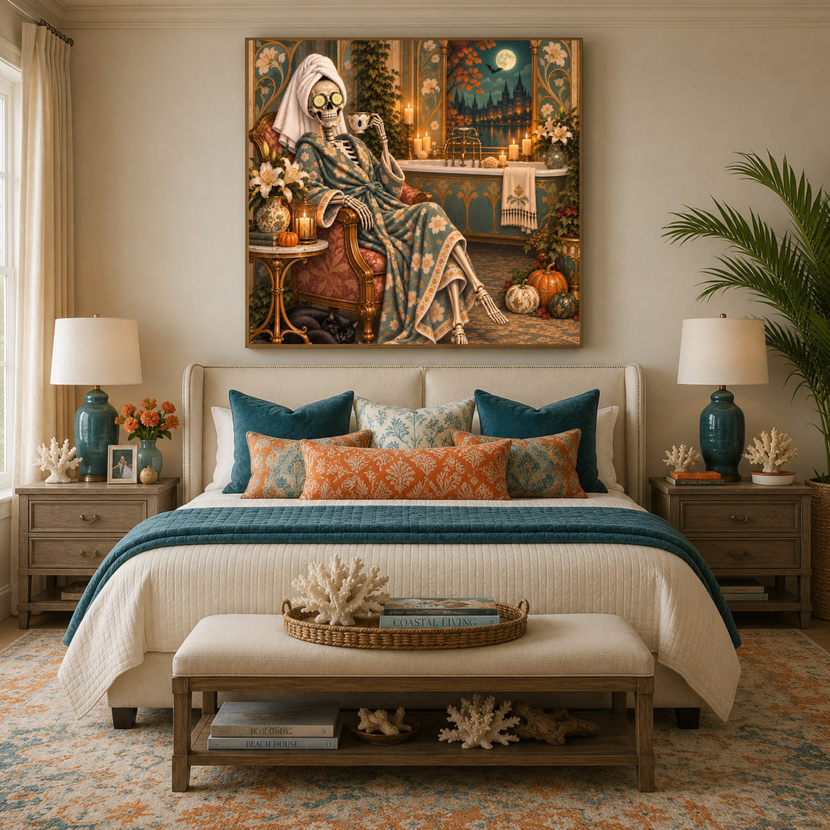 Skeleton Spa Art Nouveau Gothic Bathroom Halloween Wall Art (Digital Download)