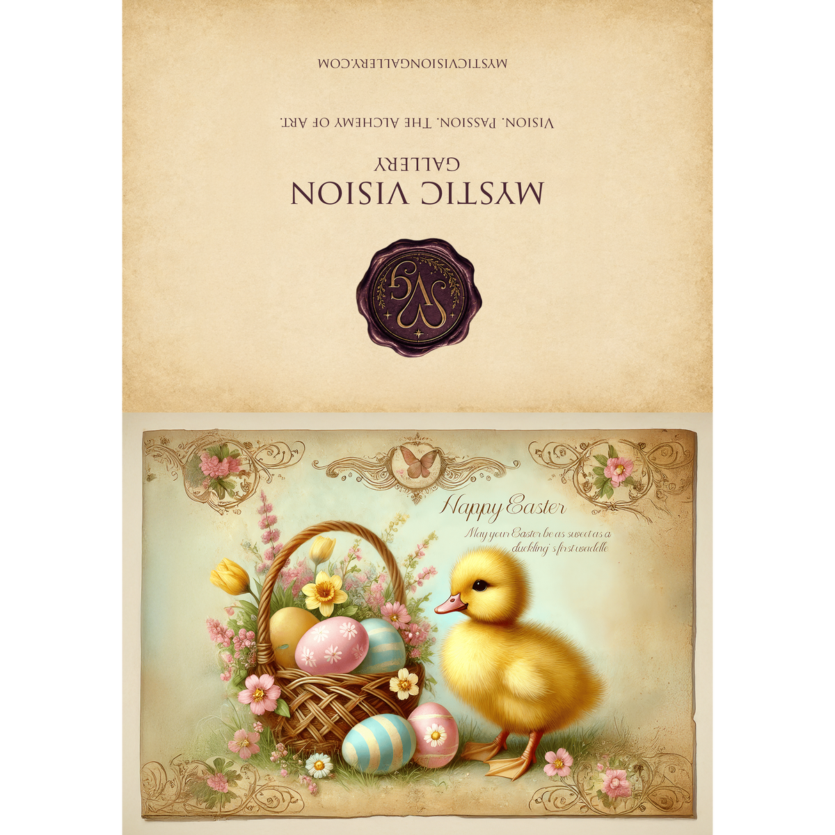 Vintage Easter Duckling Card, Spring Floral Basket (Digital Download)