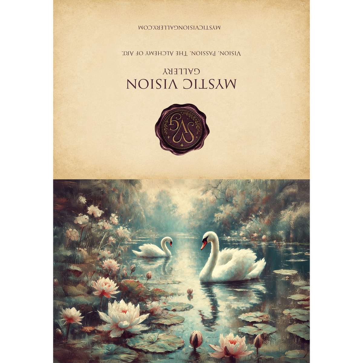 Printable Swans and Water Lilies Card: Romantic Vintage Style Bird Art Peaceful Nature Greeting Card Digital Download