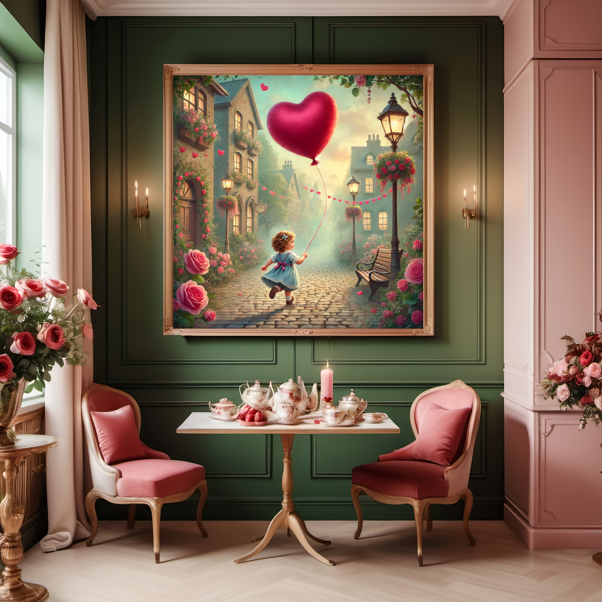 Valentine Village Art Print: Whimsical Heart Balloon, Cottagecore Decor (Digital Download) 2