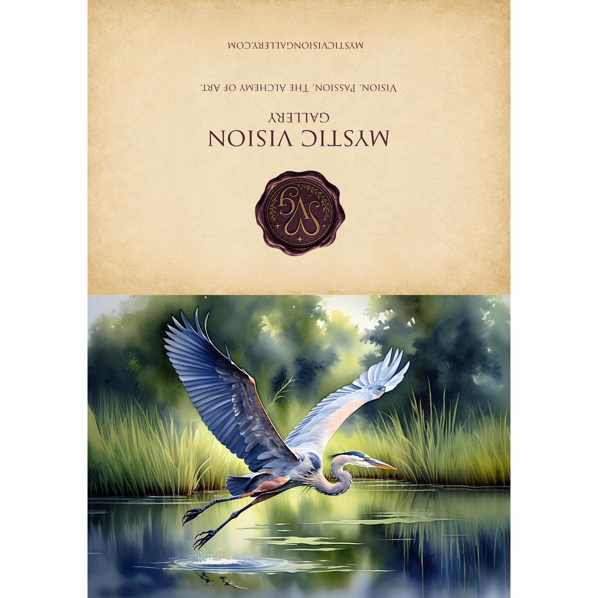 Printable Soaring Heron Over Still Waters Card: Inspirational Nature Bird Art Vintage Style Greeting Card Digital Download
