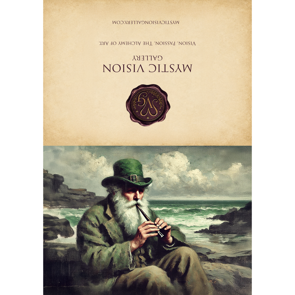 Printable Seaside Leprechaun Whistle Player St Patricks Day Card Irish Folklore Music Coastal Vintage Art Greeting Card Digital Download