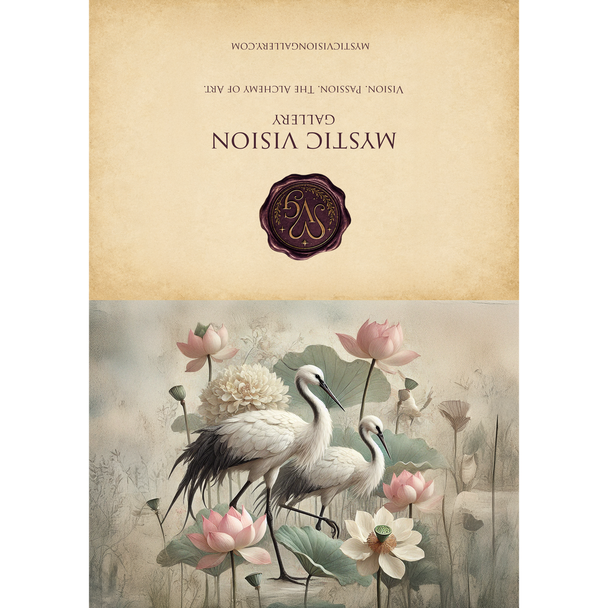 Printable Elegant Cranes and Lotus Flowers Card: Peaceful Vintage Style Bird Art Nature Inspired Greeting Card Digital Download