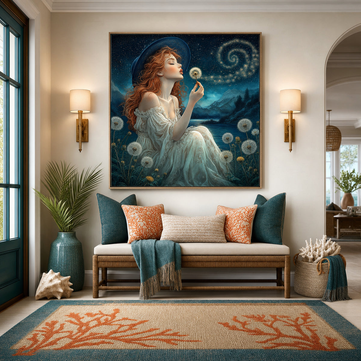 Woman Blowing a Dandelion at Night Romantic Dreamscape Fantasy Wall Art Digital Download