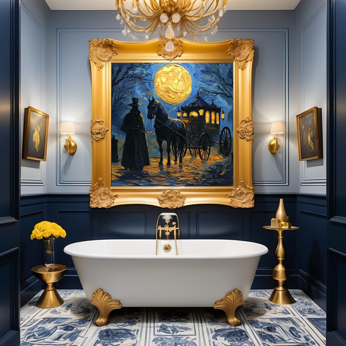 Moonlit Carriage of Shadows Digital Art Oil Painting Vintage Home Decor Gothic Halloween Art Haunted Carriage Wall Decor