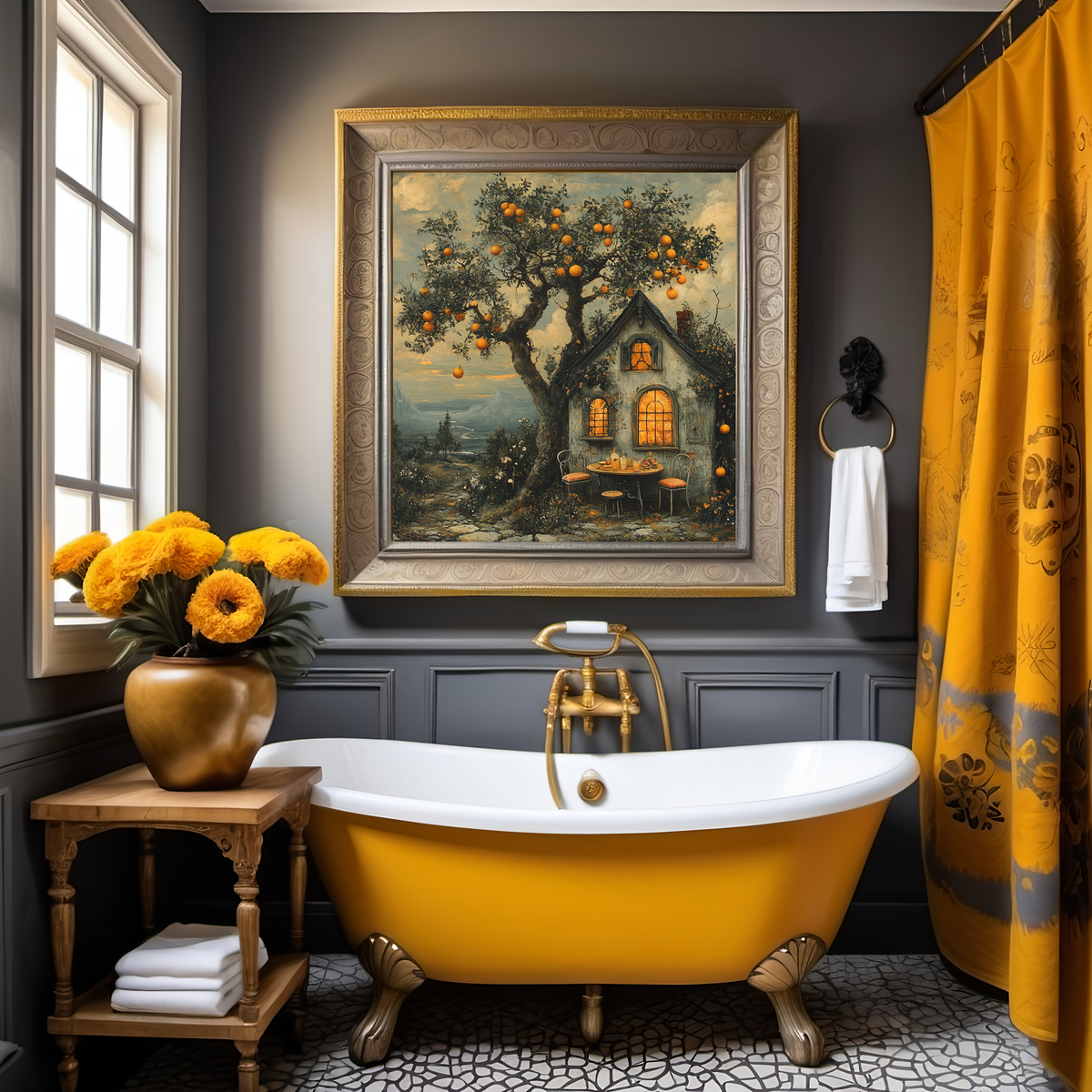 The Orange Cottage Vintage Gothic Cottage Under an Orange Tree Cozy Cottagecore Wall Art Digital Download