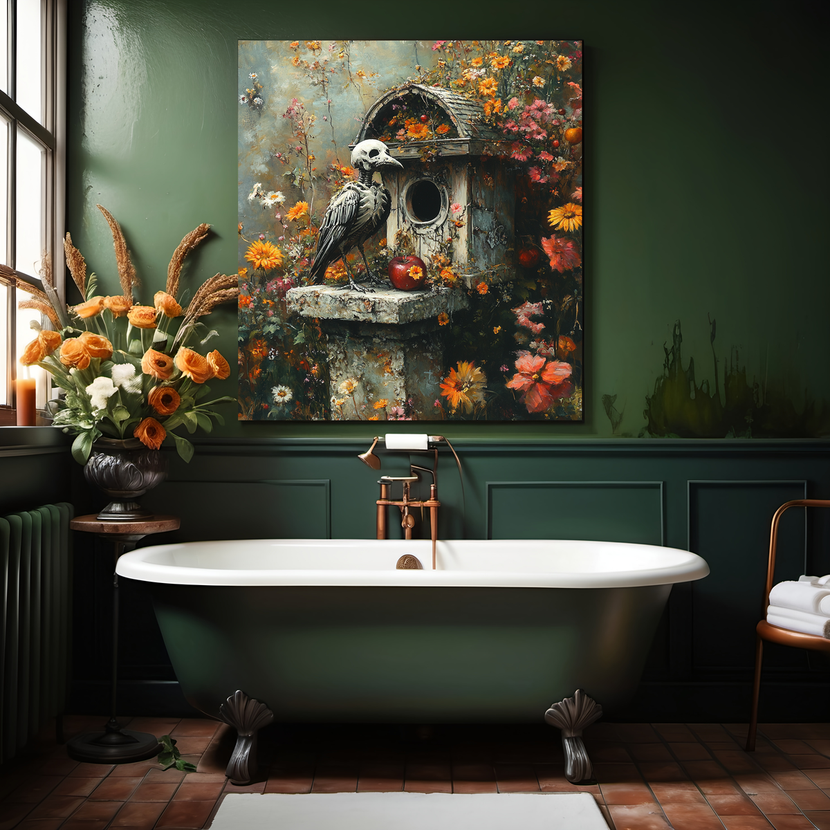 The Garden Keeper Skeleton Bird Whimsical Gothic Cottage Garden Wall Art Digital Download