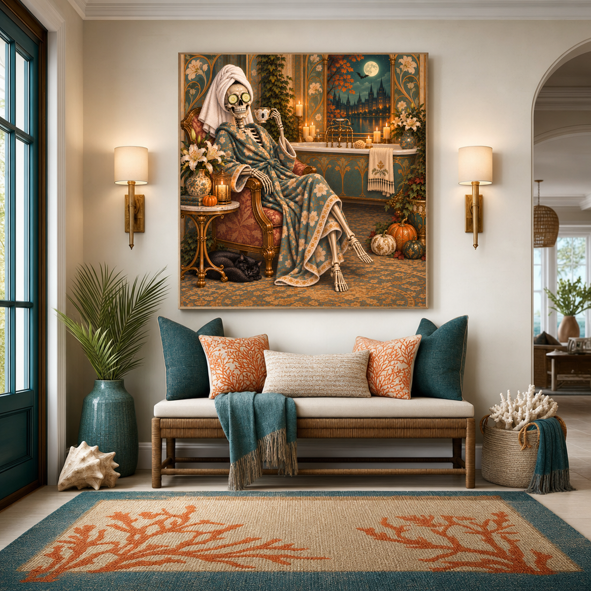 Skeleton Spa Art Nouveau Gothic Bathroom Halloween Wall Art (Digital Download)
