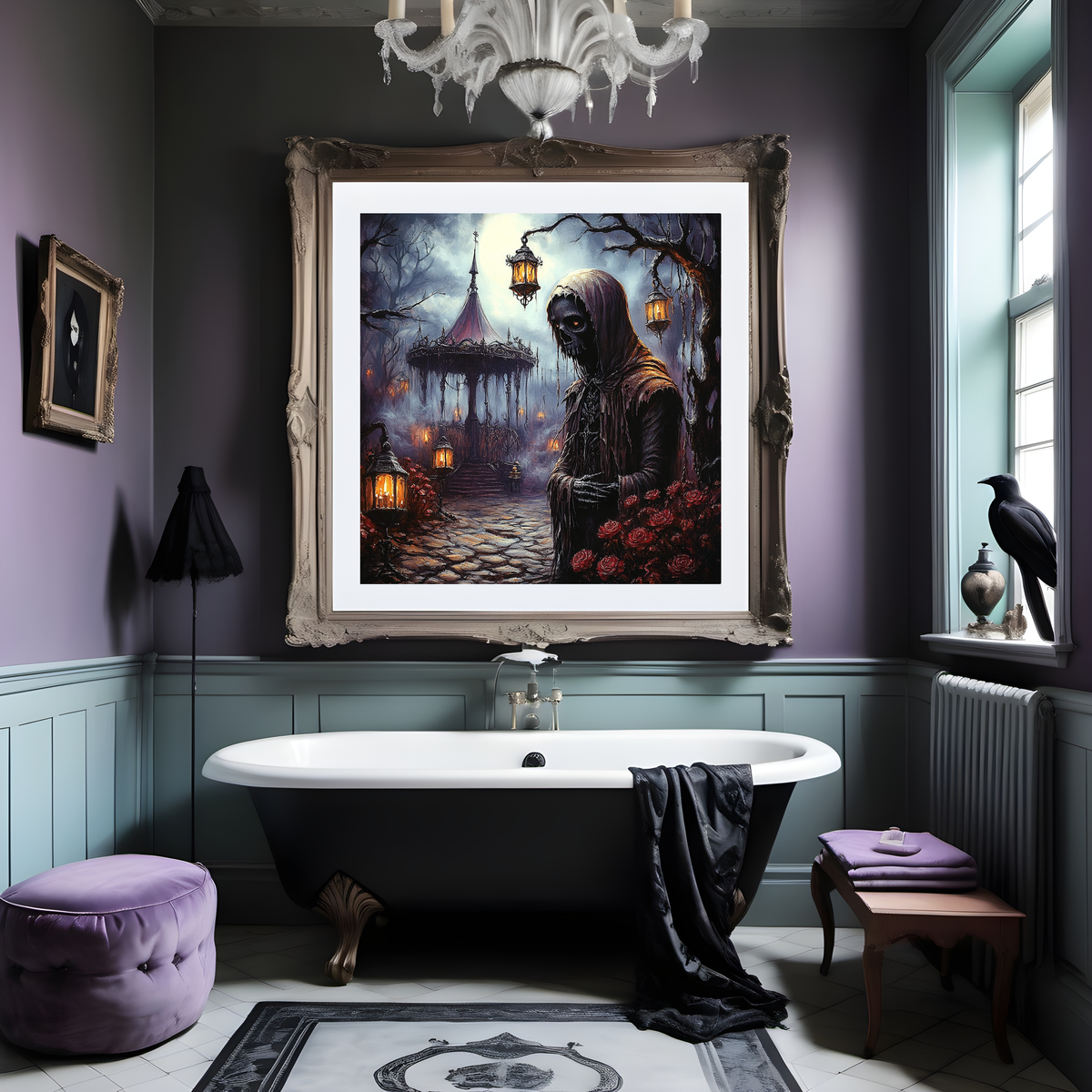 Gothic Grim Reaper Wall Art Haunted Garden Lantern Keeper Dark Fantasy Halloween Decor Digital Download