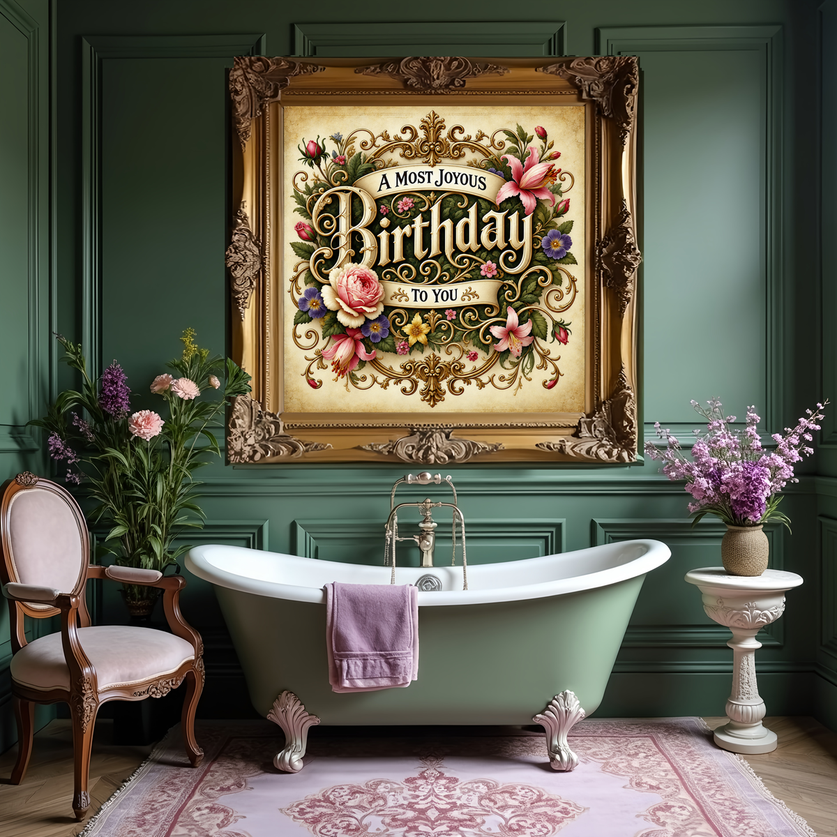 Victorian Birthday Sign: Ornate Floral Typography Art (Digital Download)