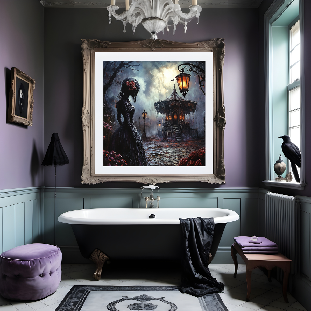 Gothic Woman Wall Art Haunted Carousel Dark Romantic Fantasy Halloween Decor Digital Download