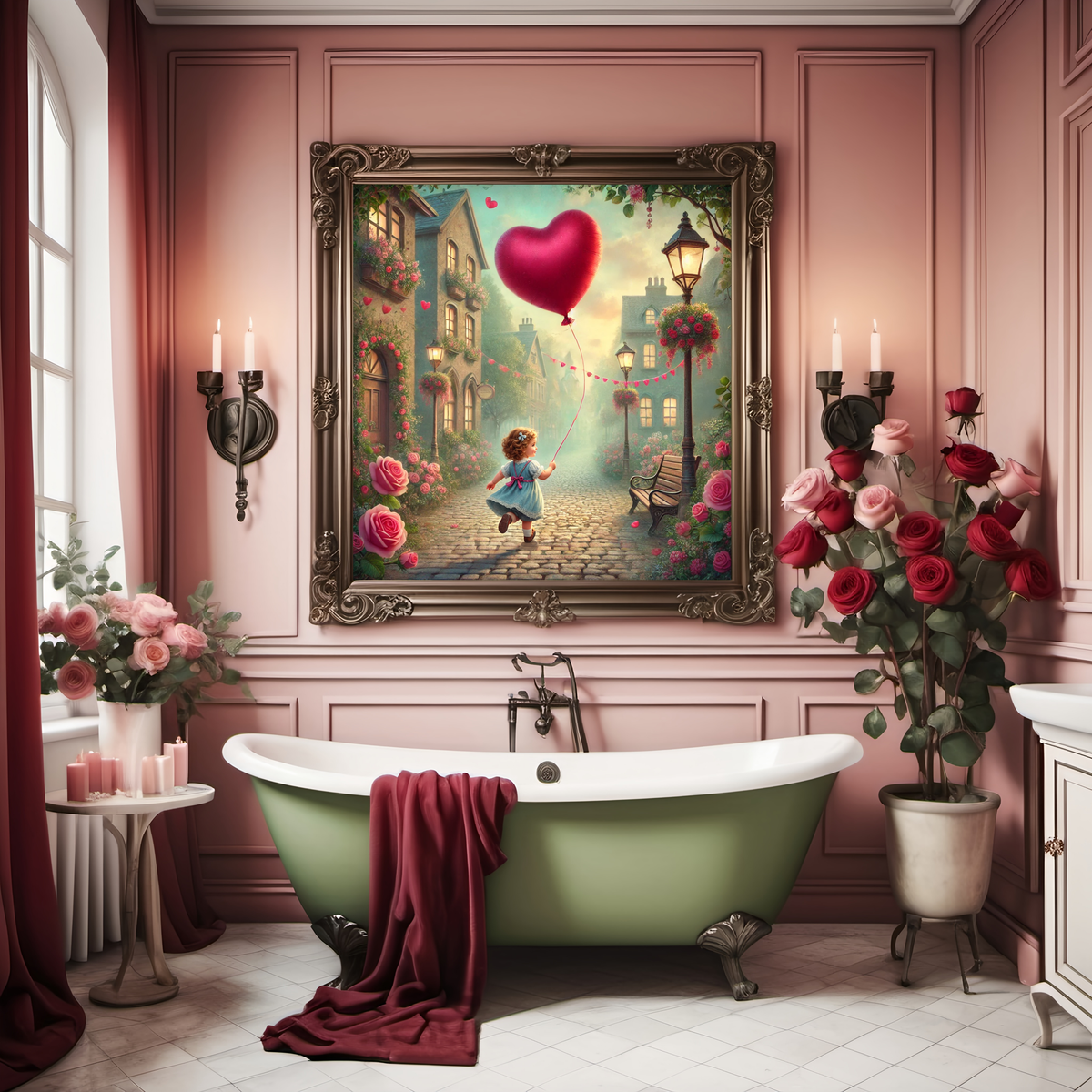 Valentine Village Art Print: Whimsical Heart Balloon, Cottagecore Decor (Digital Download) 2