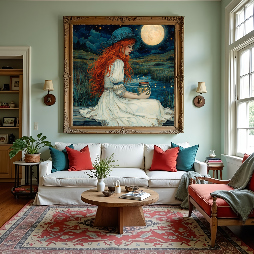 Moonlit Fireflies Red Haired Woman Holding Fireflies Under Full Moon Fantasy Wall Art Digital Download