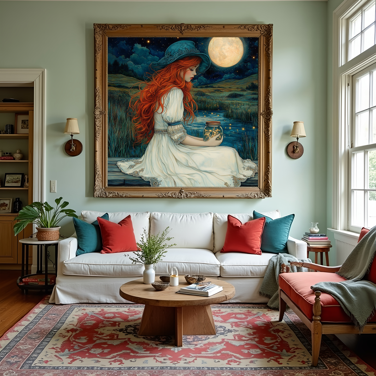 Moonlit Fireflies Red Haired Woman Holding Fireflies Under Full Moon Fantasy Wall Art Digital Download