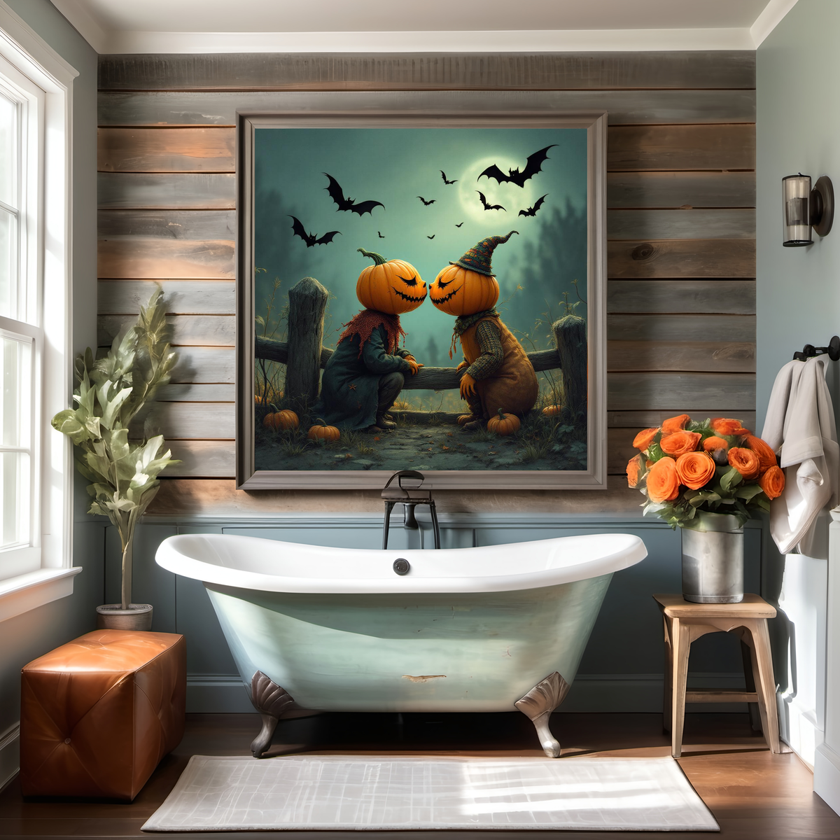 Whimsical Halloween pumpkin couple art soft spooky fall wall decor digital art oil painting vintage home decor gift idea