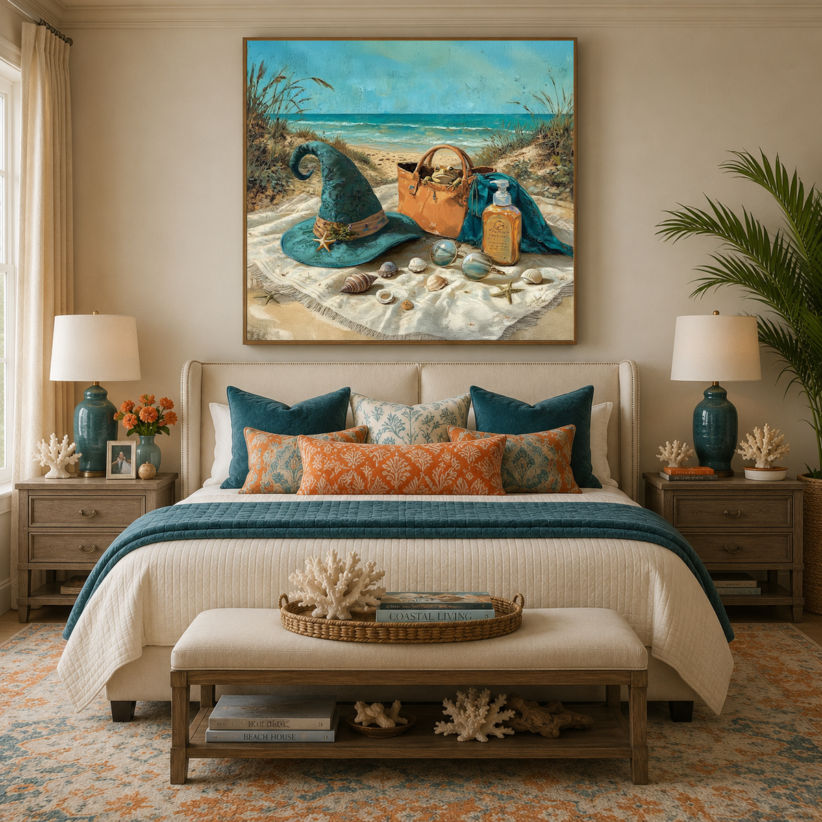 Vintage Coastal Halloween Witch Hat Beach Still Life with Frog, Seashells & Summer Decor Wall Art Printable (Digital Download)