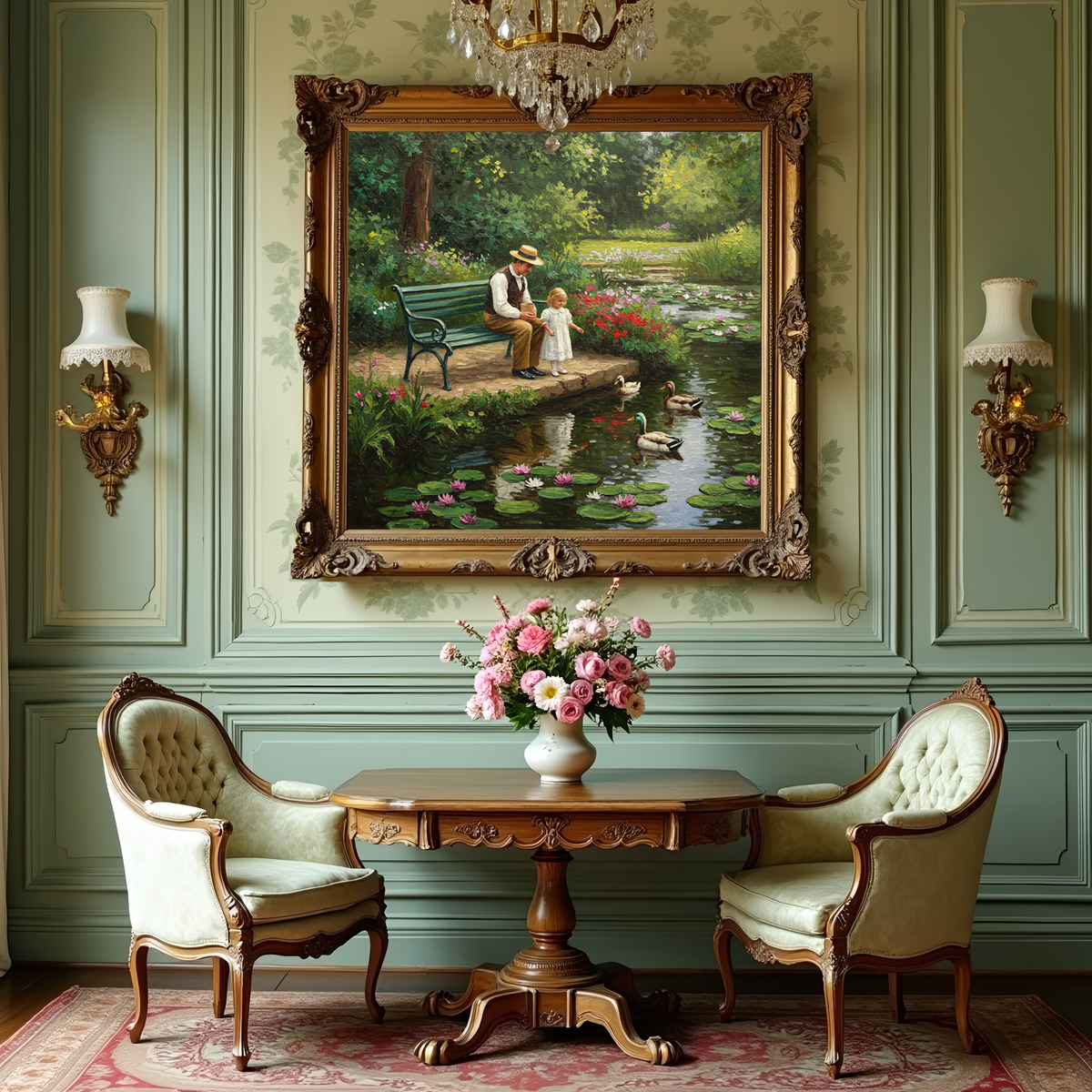 Father & Daughter Duck Pond Painting: Vintage Garden Art Print (Digital Download)