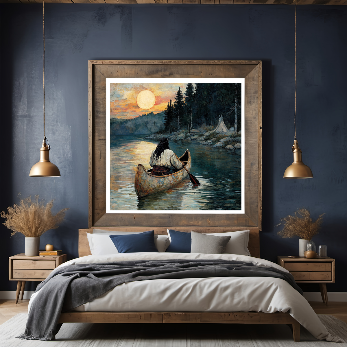 Homeward Across the Water Indigenous Canoe Lakeside Landscape Art (Digital Download)