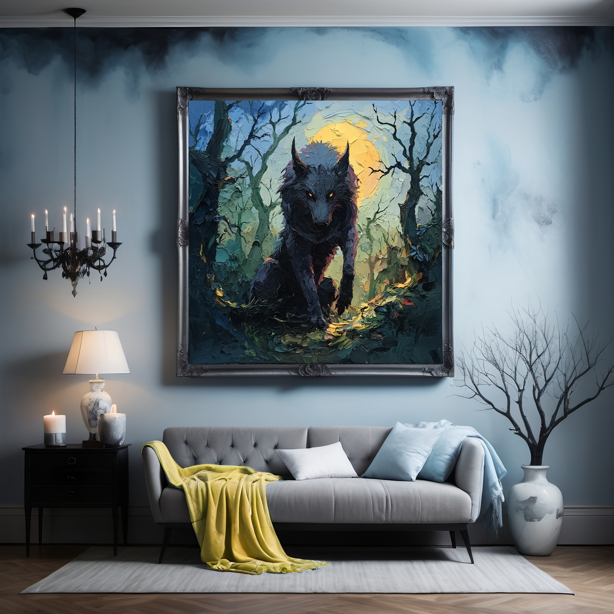 Gothic Wolf Oil Painting: Moonlit Stalker, Dark Cottagecore Art (Digital Download)
