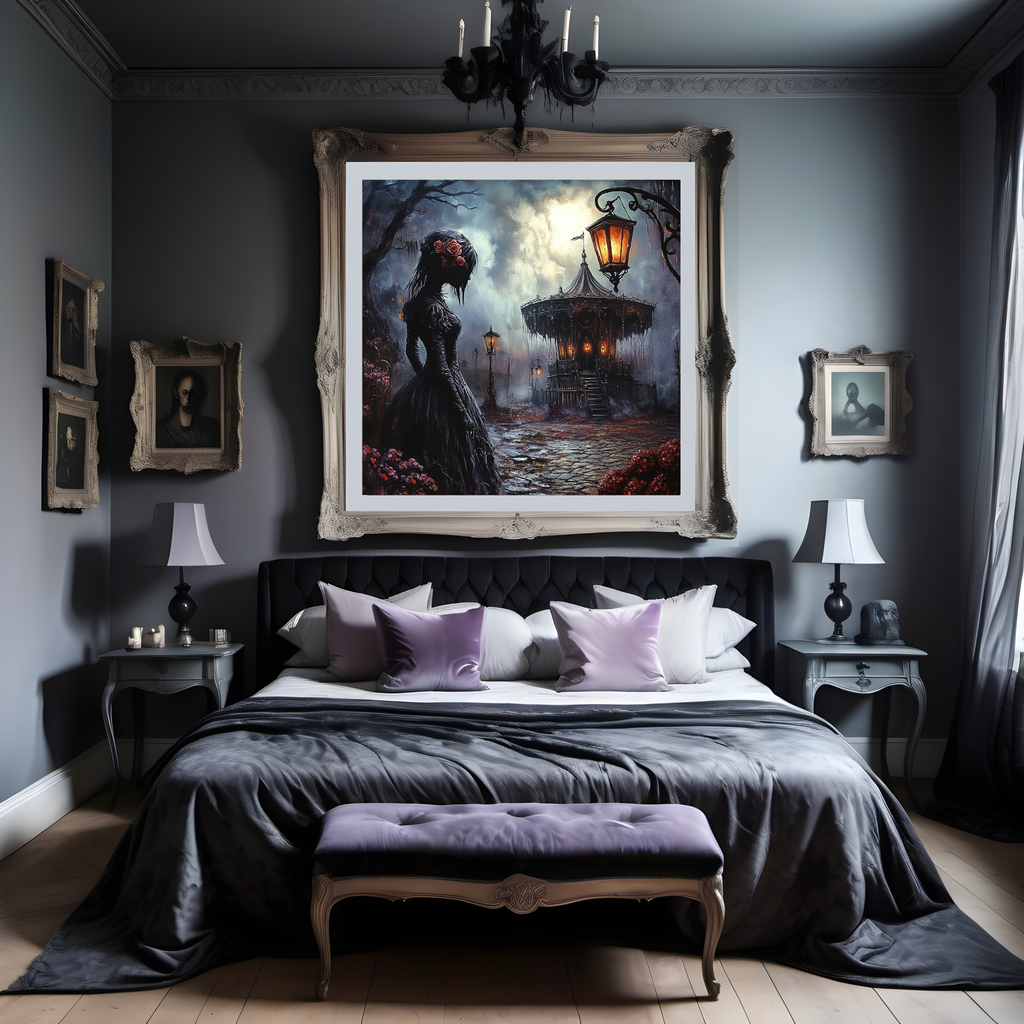 Gothic Woman Wall Art Haunted Carousel Dark Romantic Fantasy Halloween Decor Digital Download