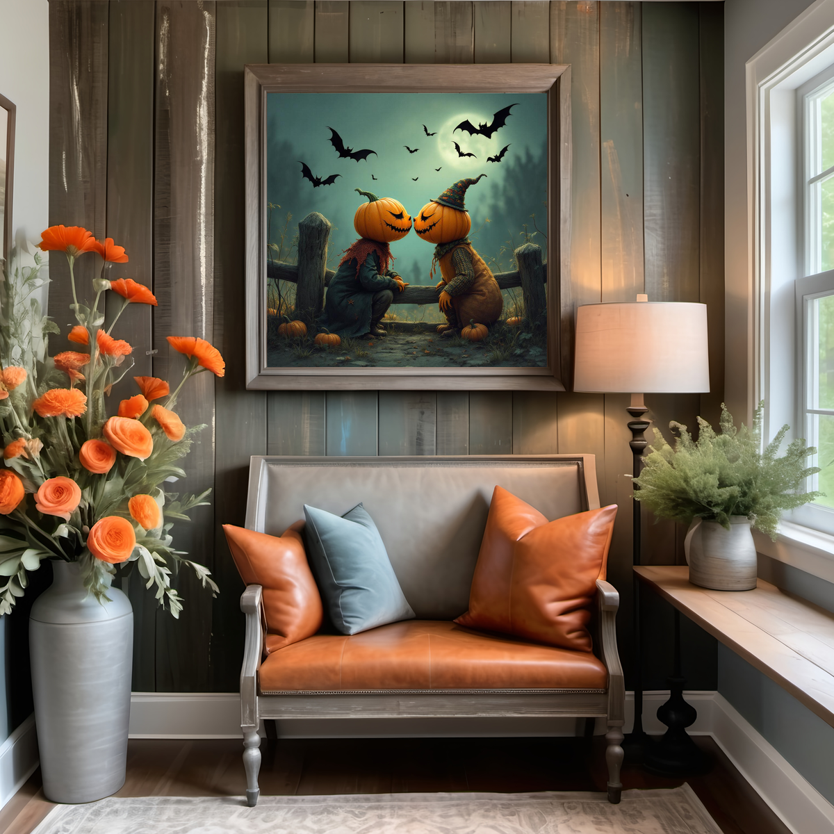 Whimsical Halloween pumpkin couple art soft spooky fall wall decor digital art oil painting vintage home decor gift idea