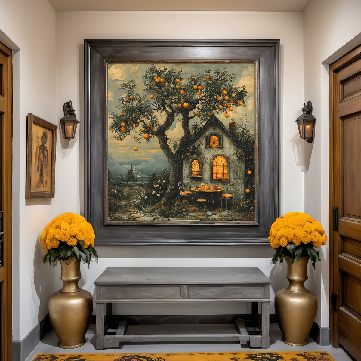 The Orange Cottage Vintage Gothic Cottage Under an Orange Tree Cozy Cottagecore Wall Art Digital Download