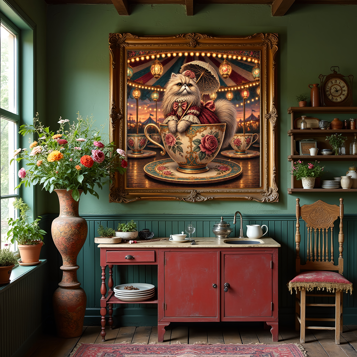 Victorian Persian Cat Teacup Ride: Whimsical Carnival Art (Digital Download)